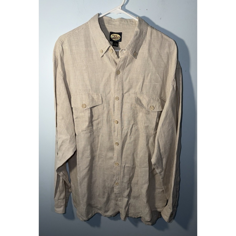 TOMMY BAHAMA Men's Dress Shirt 100% Linen Long Sleeve Button Beige Solid Size L